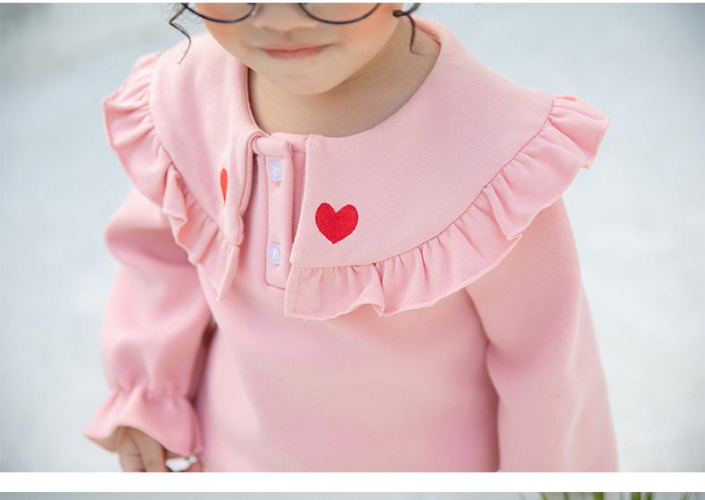 2022 Autumn/Winter Heart Embroidery Velvet Children's T-shirt with Sweet Big Lapel