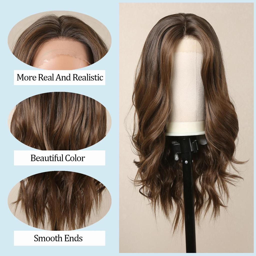 Louis FEREE 13x4 Lace Front Synthetic Wigs for Women Long Wavy Dark Brown Highlight Middle Part Lace Wigs Daily Cosplay High Temperture Fiber