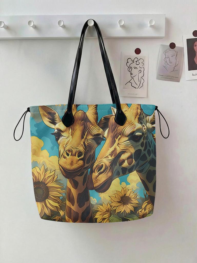 Giraffe Printed Handbag for Women, Large Capacity Leather Handle Shopping Bag, Casual Shoulder Bag