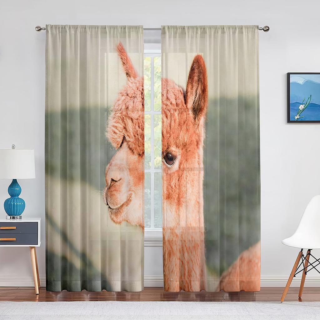 Cute Llama Alpaca Funny Animal Sheer Curtain for Living Room Voile Window Blinds Bedroom Tulle Drape Kitchen Curtains Decoration