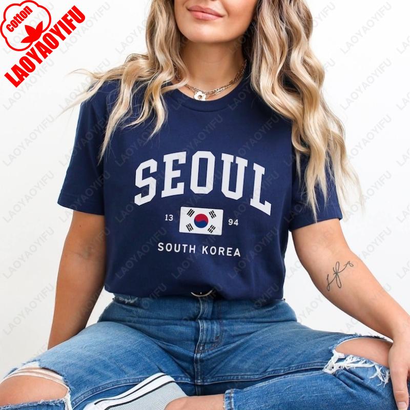 Seoul South Korean Flag Unisex Tees Vintage Classic Fashion Streetwear Tops Unisex Women High Quality Cotton Street Fashion Tshirt