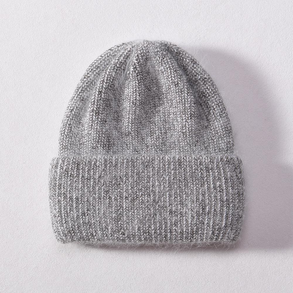 Autumn and winter mixed color rabbit velvet long hair knitted hat double-layer folded edge soft waxy comfortable versatile wool hat