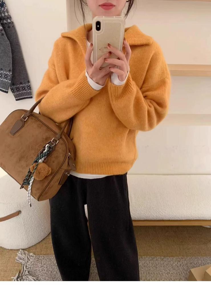 2025 Autumn/Winter Women's Wool Polo Collar Sweater, Korean Lapel Style, Versatile Solid Color Knitwear