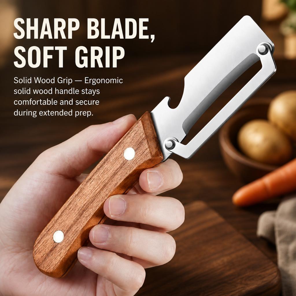 Wooden Handle Vegetable Peeler with Bottle Opener, Stainless Steel Swing Blade for Fruit, Veggies and Sugarcane