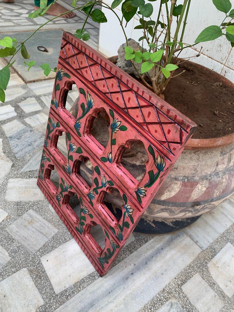 Hand Painted Wooden Jharokha Frame: Antique Pink Indian Wall Decor