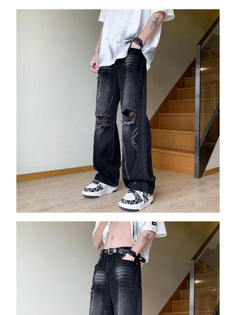 Pánské retro džíny s trháním - Volný střih, Pohledný high street styl, Všestranné široké rovné nohavice
