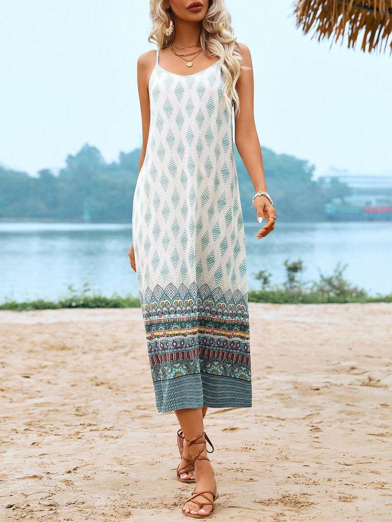 European and American Summer Spaghetti Strap Backless Midi Dress - Women's Slim Fit with Print