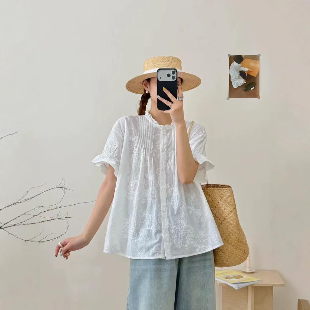 1116 Summer New Women's Crew Neck Japanese Cotton Shirt Loose Shirt Top Cardigan Vintage Mori Women's Clothing Age Reduction