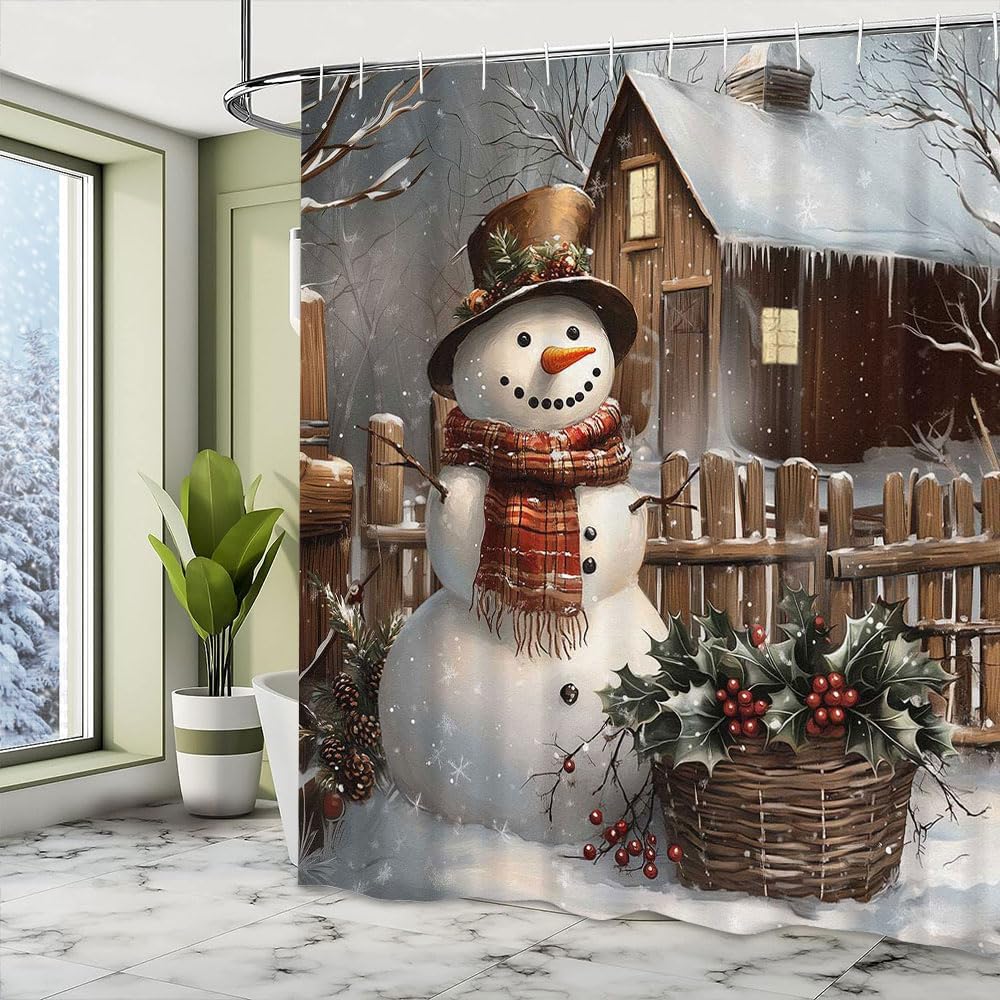 Christmas Snowman Shower Curtain, Winter Snow Trees Rustic Bathroom Dcor, Durable Waterproof Fabric Holiday Shower Curtains