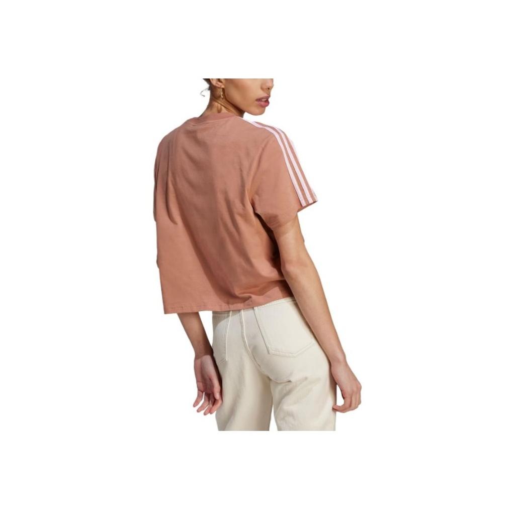 Adidas Essentials Striped Logo Print Casual Round Neck Short Sleeve T-Shirt Women Tops Rock-Layer-Brown IL3412