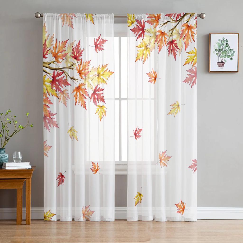 Herbstpflanze, Wildblumen, Gänseblümchen, Vogel, transparente Vorhänge, Fensterdekoration, Voile-Tüllvorhänge für Wohnzimmer, Schlafzimmer, Küche