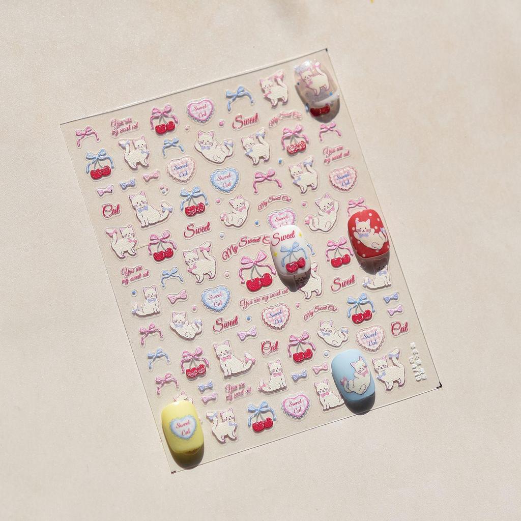 Graffiti Cute Cherry Cat & Bear Nail Art Stickers - DIY Self-Adhesive Bow Design