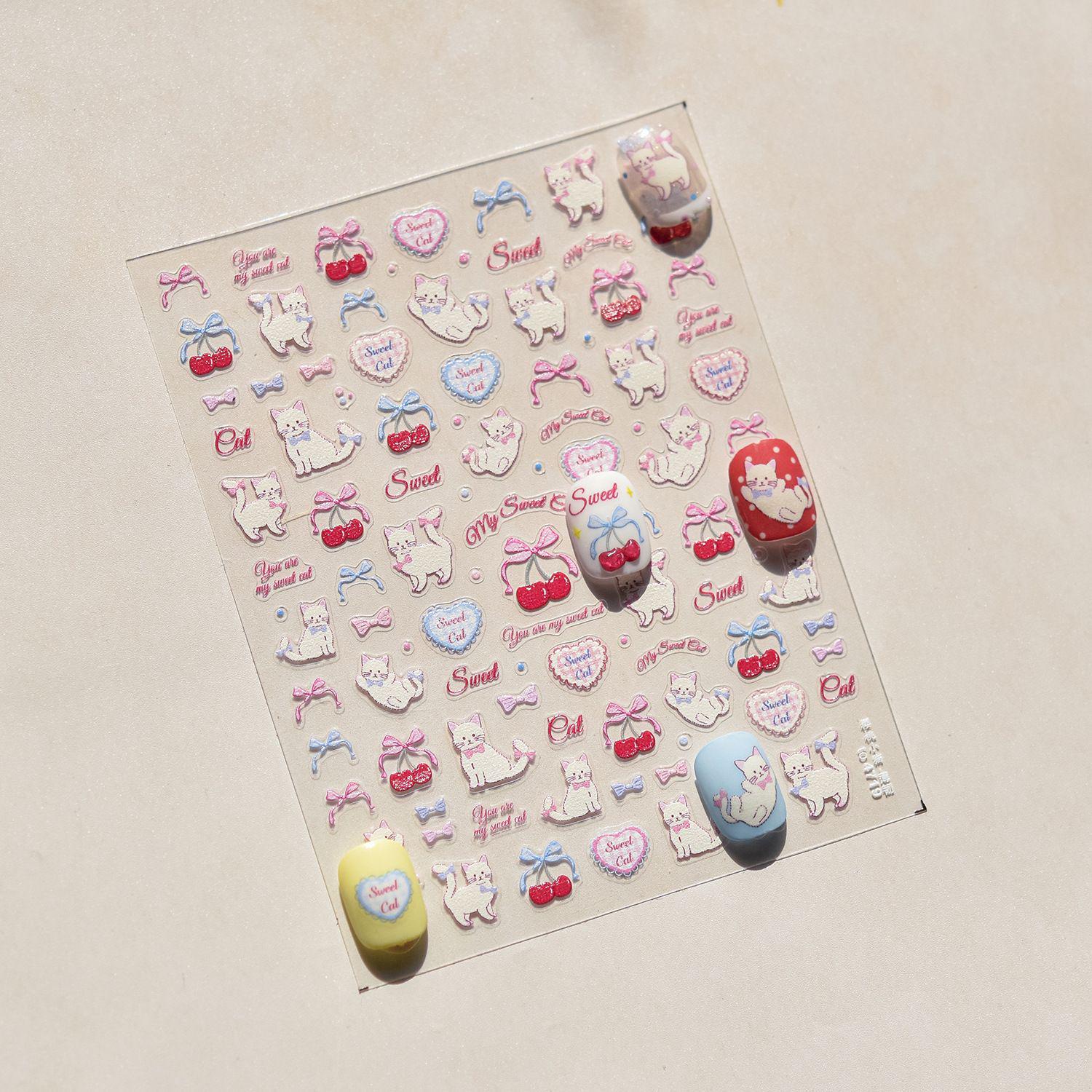 

Graffiti Cute Cherry Cat & Bear Nail Art Stickers - DIY Self-Adhesive Bow Design
