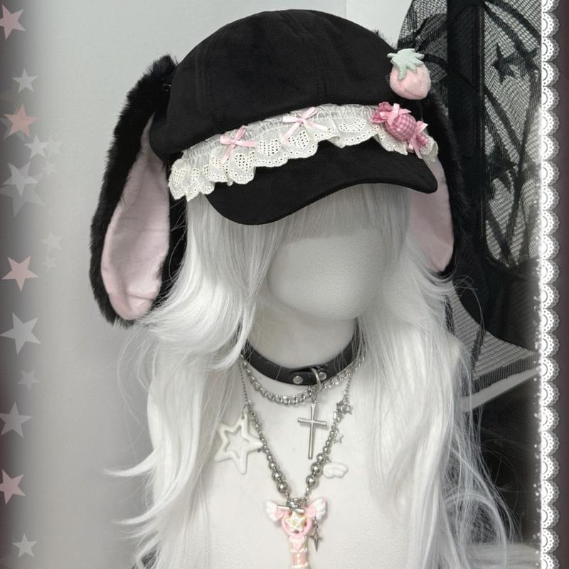 Hübsche Hasenohren-Barettmütze Atmungsaktive Baumwolle Subkultureller Achteckiger Hut Für Streetwear Anime Event Treffen Verkleiden