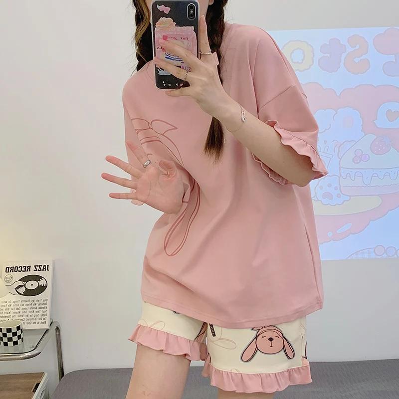Summer Woman Pajama Cotton Cartoon Sleepwear Orange Cartoon Printing Pyjamas Set Young Lady Shorts Pullover Lingeries