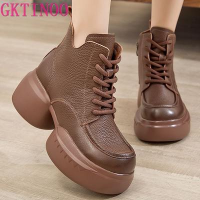Mode GKTINOO Cuir Véritable Femmes Bottines Courtes 2025 Nouvelles Automne Hiver Bout Rond Fait Main Rétro Semelle Épaisse Chaussures à Plateforme