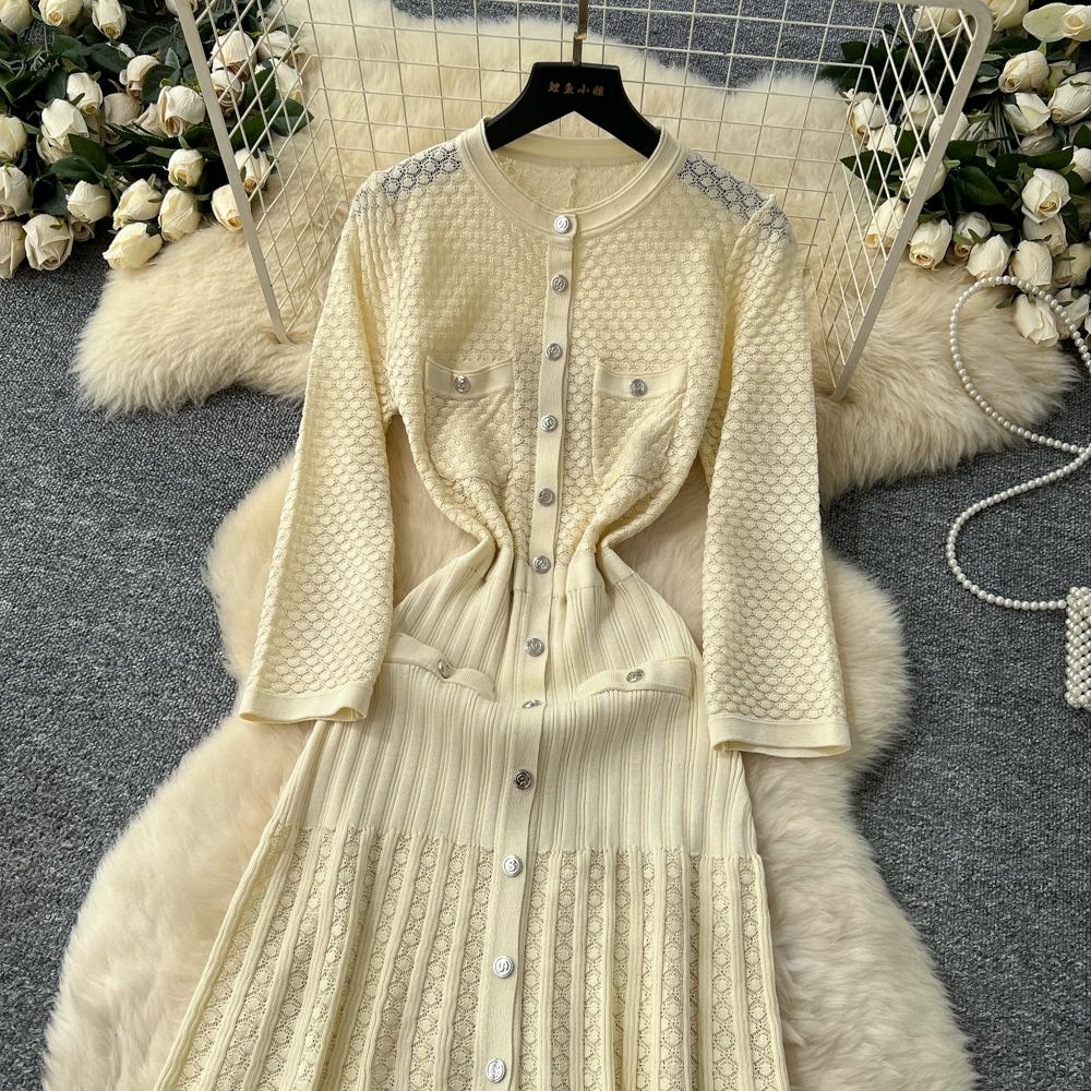 Autumn Winter Women Elegant SP Hollow Out Knitted Sweater Long Midi Christmas Party Split Dresses