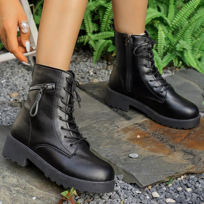 Fashion Black Pu Leather Modern Boots for Women Autumn Winter Lace Up Platform Ankle Boots Woman Zipper Short Plush Booties Female
