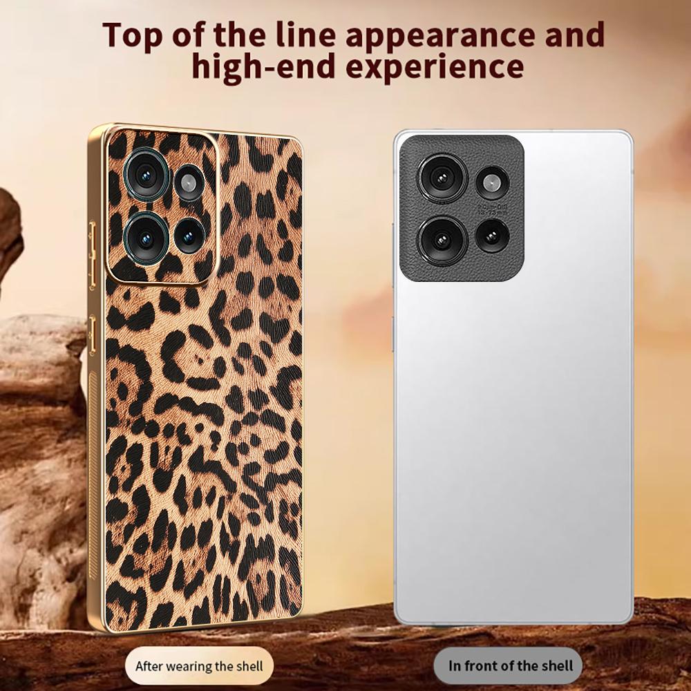 For Motorola Edge 50 5G Case Leopard Print PU Leather Coated PC + TPU Electroplating Phone Cover