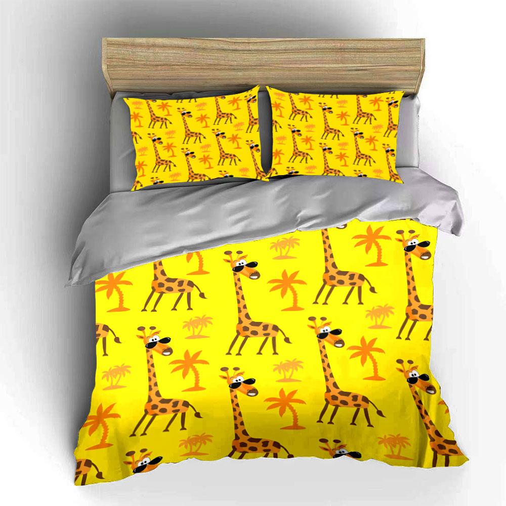 Cartoon Giraffe and Palm Print Bedding Duvet Cover Set (1*Duvet Cover 2*Pillowcases, Without Duvet Insert)