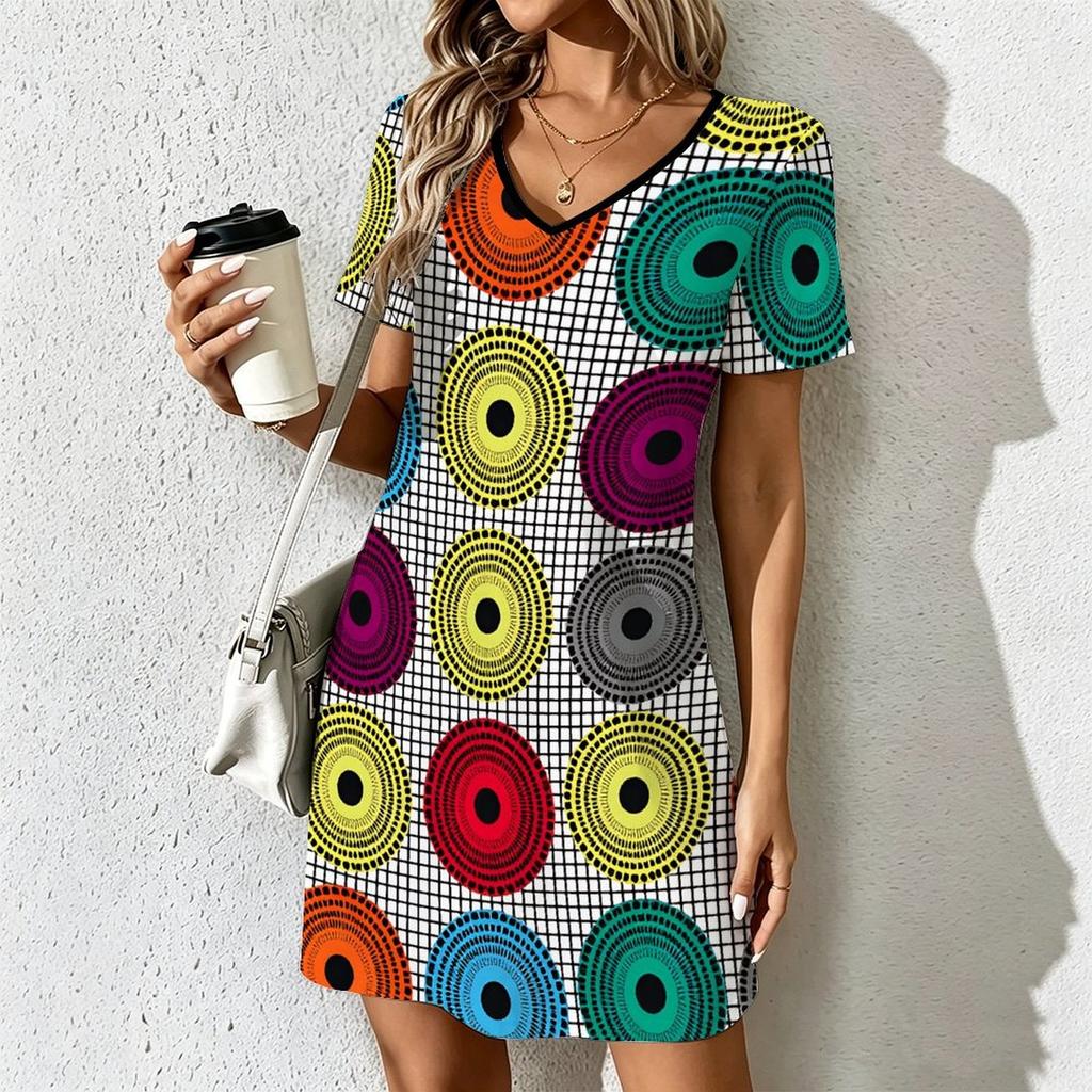 Summer Fashion Women's V Neck Short Sleeve Retro Geometric Pattern Printed  Dress Sex Short Skirt Dresses