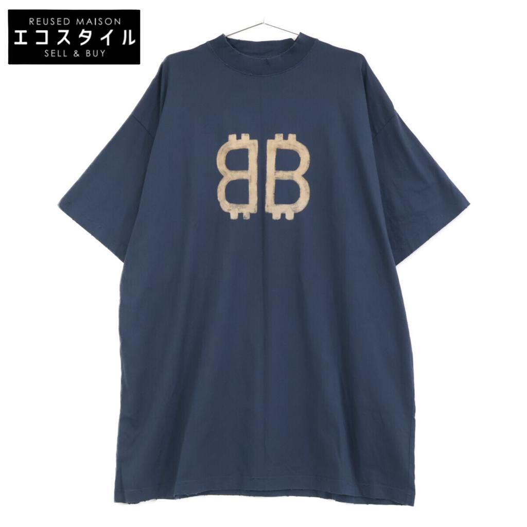 BALENCIAGA 739028 Navy 24 Year BB Logo Oversized T-Shirt tops 4 NavyUsed