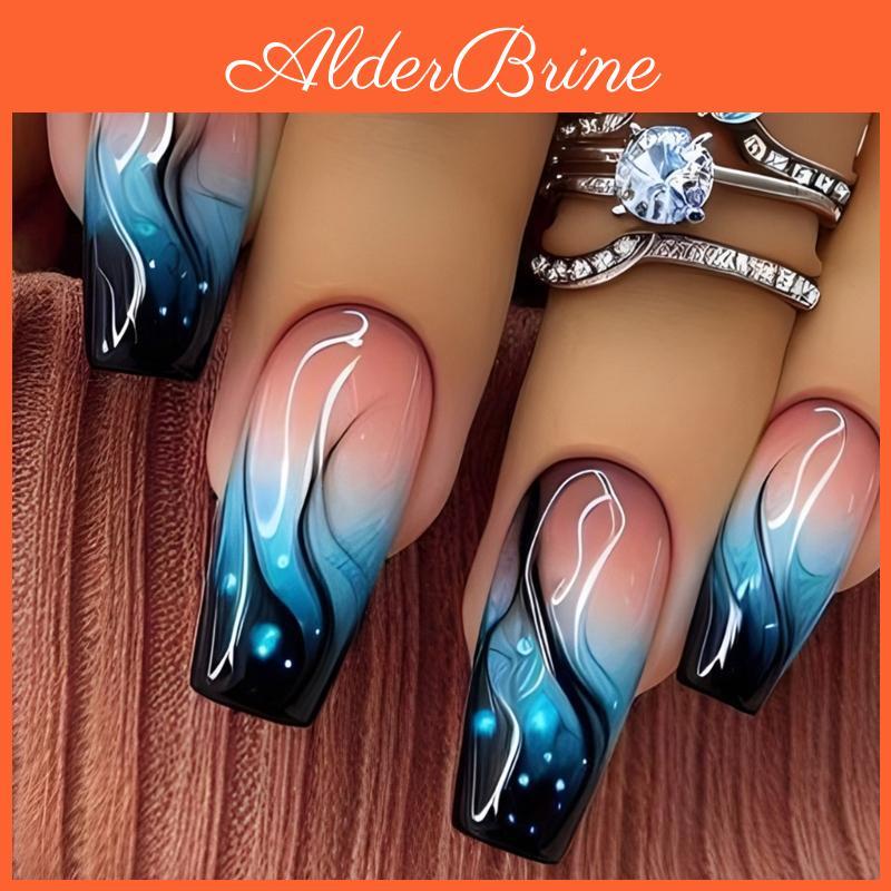 Press Long Pcs Ballerinas 24 On Nail Blue Gradient Flame False Nail Acrylic Nail Glossy Full Cover Stick On Nail
