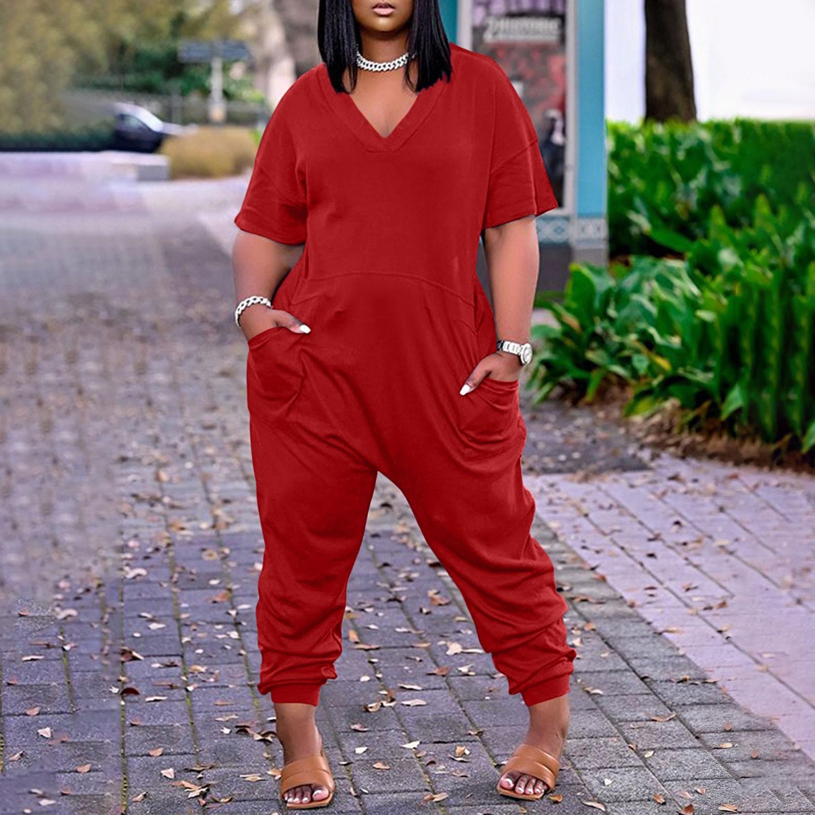

Женские повседневные комбинезоны на молнии с V-образным вырезом и короткими рукавами больших размеров с карманами, широкие длинные комбинезоны (S-5XL) XXXXXL красный