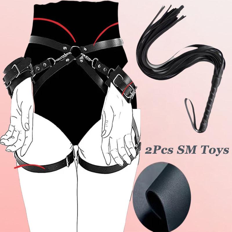 Handcuffs and Sex Whip for Women Sex Toys Sexy Adjustable Leather Handcuffs Whip SM Bondage Kit For Couples Sexual Handcuffs