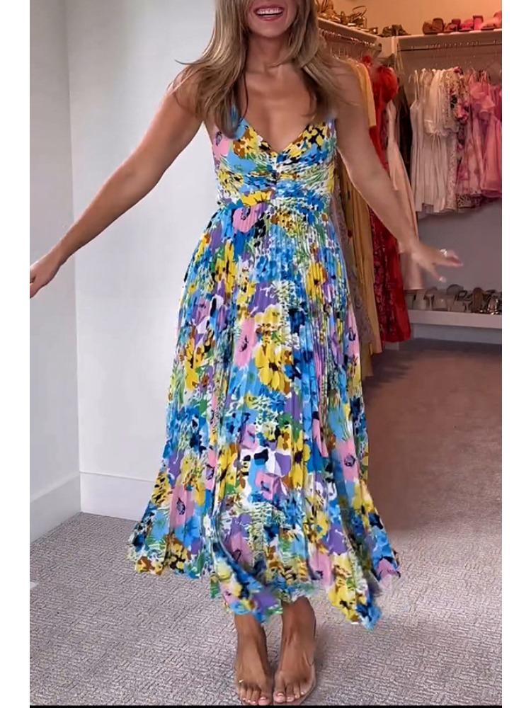 Women's V Neck Spaghetti Strap Printed Maxi Dress Pleated Summer Beach Dress Multiple Colors