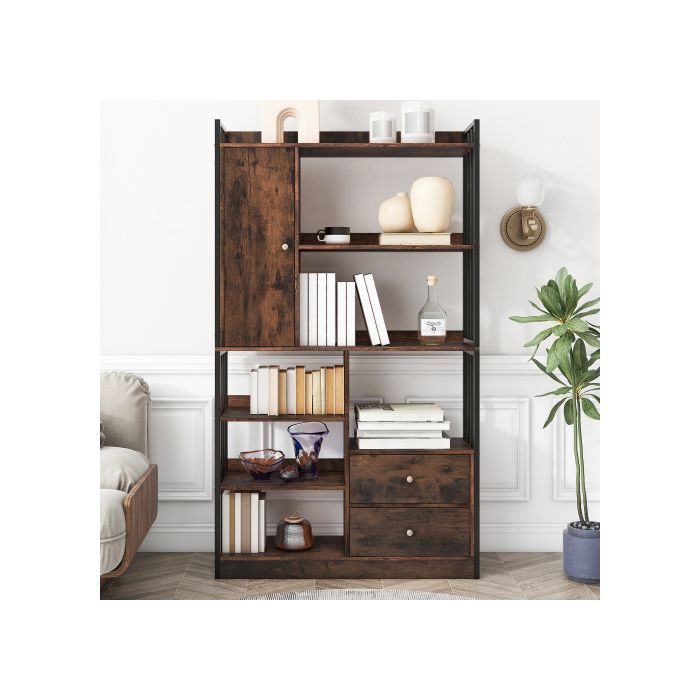 Bookshelf - MUVOE - 6 Shelves - Antique Brown - Drawers and Doors - Industrial Vintage Style