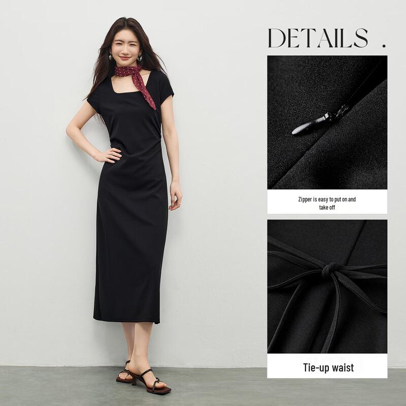 Shangdubi La Women's Elegant Black Square Neck A-line Midi Dress