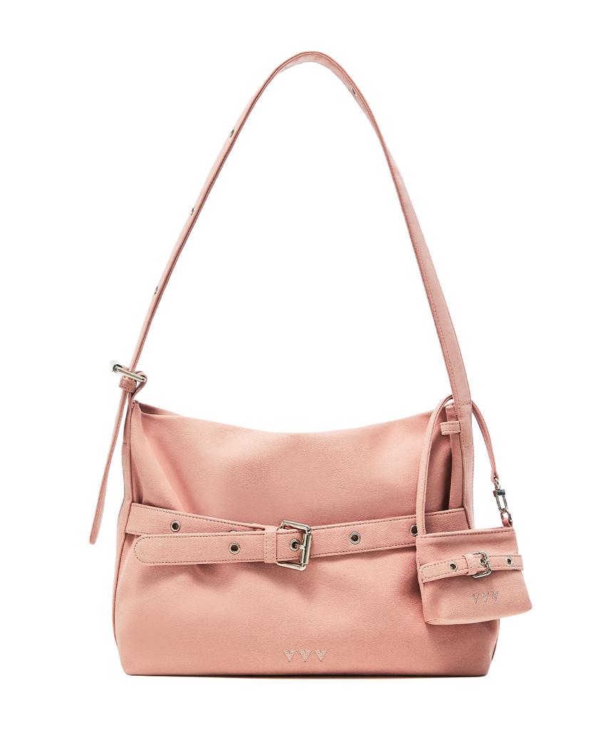 Vvv [Set] Medium Suede Buckle Hobo Shoulder Crossbody Bag _ Pink