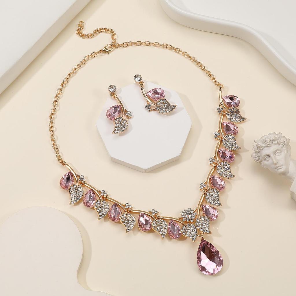 Ethnic Style Retro Gemstone Necklace & Leaf Water Drop Jewelry Set