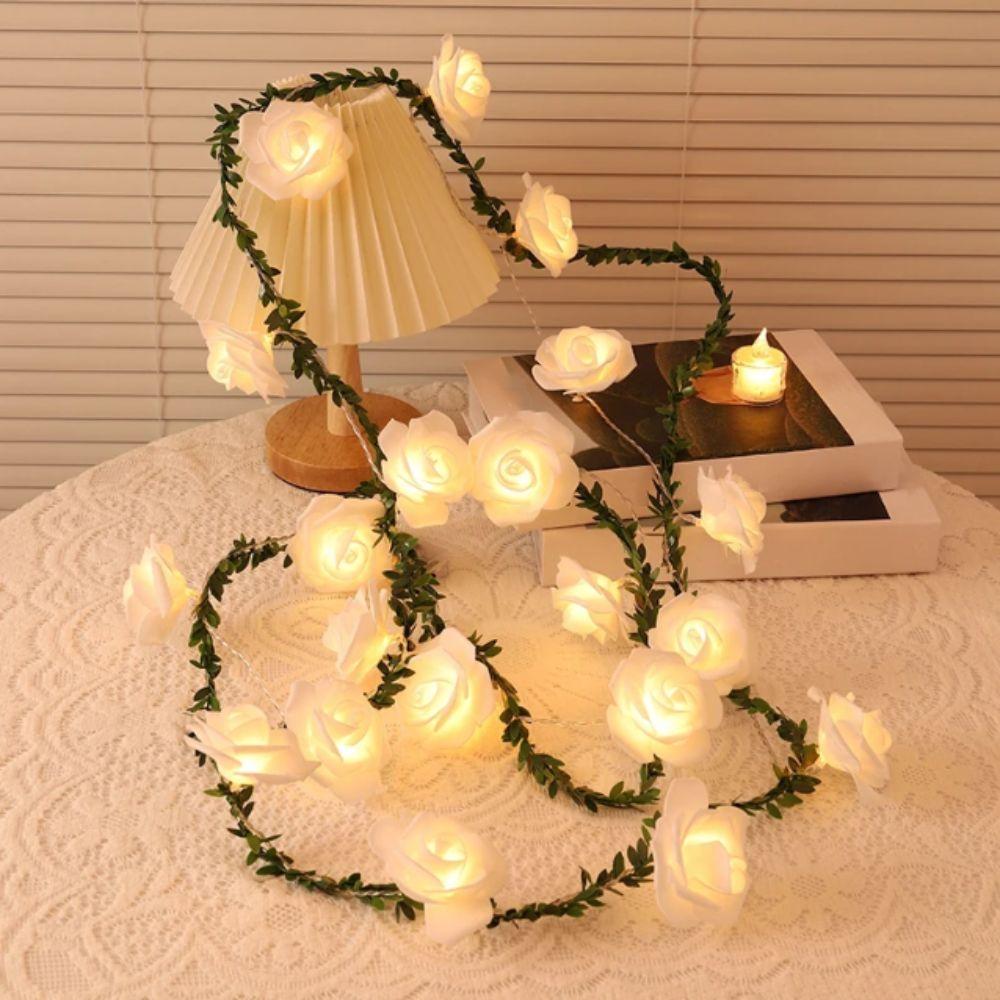 Warm Light LED String Lights Simulation Green Leaves Rose Flower Design Fairy Lights Colored Lights Artificial Vine Garland