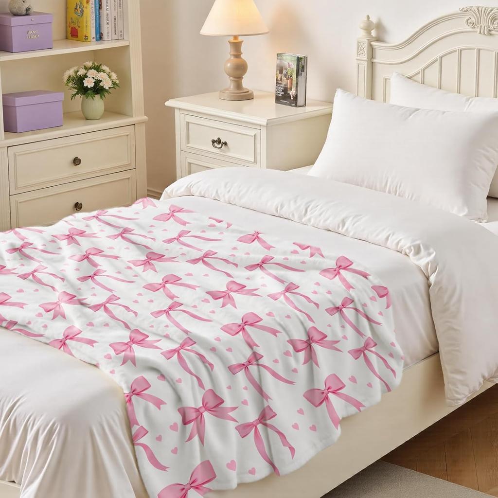 VIKAMA Pink Bow Blanket, Soft And Comfortable, Machine Washable, Suitable For Sofa Beds, Camping And Home Decoration