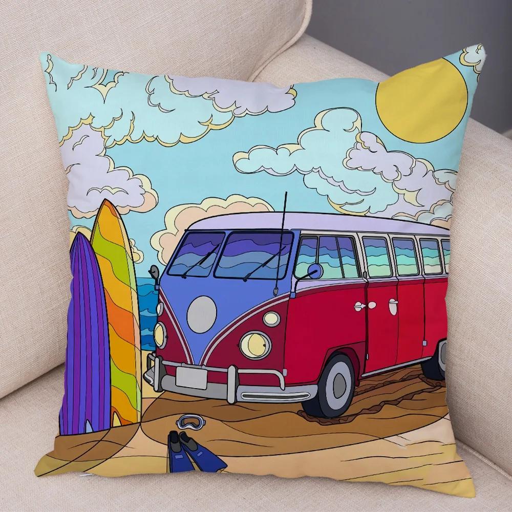 Both Sides Pillow Case Decor Happy Camper Cartoon House Travel Car Cushion Cover for Sofa Home Super Soft Plush Pillowcase