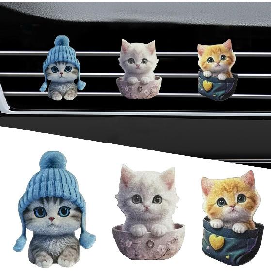 3PCS Cute Cat Car Air Vent Clips, 2D Flat Acrylic Cartoon Kitty Car Air Conditioner Outlet Clip, Auto Interior Decoration Accessories for Most