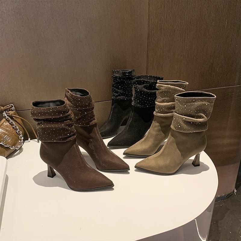Ankel Tynne hæler Moderne Støvler Vinter Slip-on 2024 Hot Sale Sko Kvinnelig spiss Høy Hæl Solid Bling Kortfattede Damestøvler