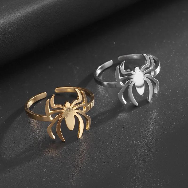 Hot Selling European and American Trendy Item Dark Style Flat Cut Hollow Spider Stainless Steel Ring