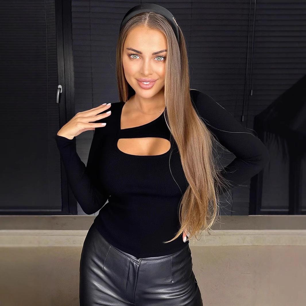 Топ с неровным воротником, приталенный, с длинным рукавом, европейско-американский стиль, 2025 Large