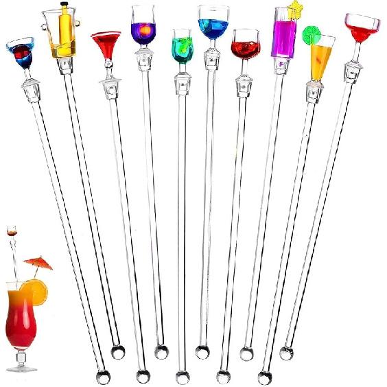 Cocktail Swizzle Stirrer Sticks, Airlxf Pack of 10 Cocktail Mixing Spoons Colorful Acrylic Cocktail Drink Stirrer for Bars Cafes Restaurants Home Use 10