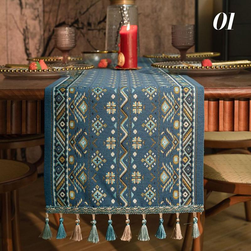 

American Retro Jacquard Fabric Plant Flower Table Runner With Tassels Living Room Cabinet Cover Kitchen Dining Table Runner 35x120cm