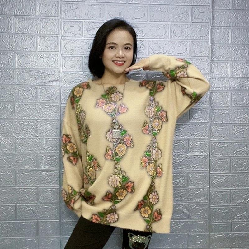 2023 Fall/Winter Rhinestone Sweater: Women's Round Neck Knit, Loose Fit, Warm Mink Fur