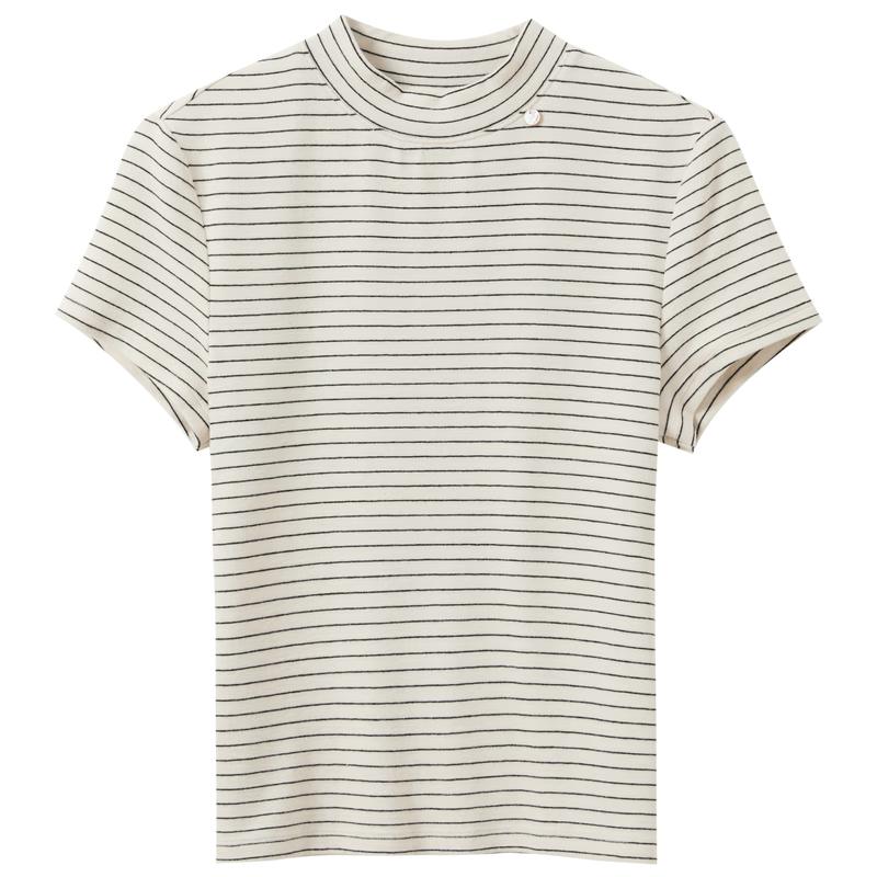 Sancai 2026 Spring Slim Fit Contrast Stripe Short Sleeve Semi-High Neck T-Shirt L