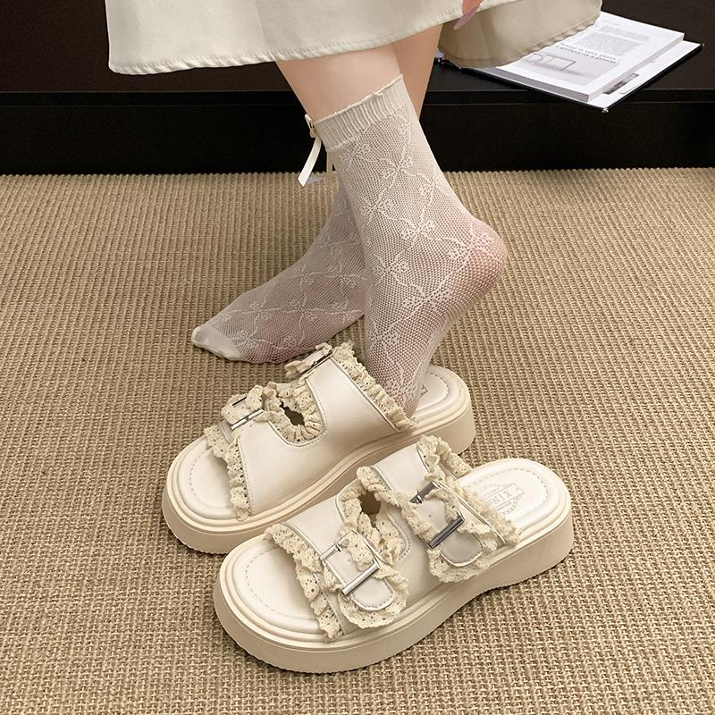 Fashion tassel black popular thick-soled one-word slippers women's summer wear 2025 new high-end cool slippers