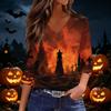 Women's Three-Quarter Sleeve V-Neck Top with Halloween Print for Casual