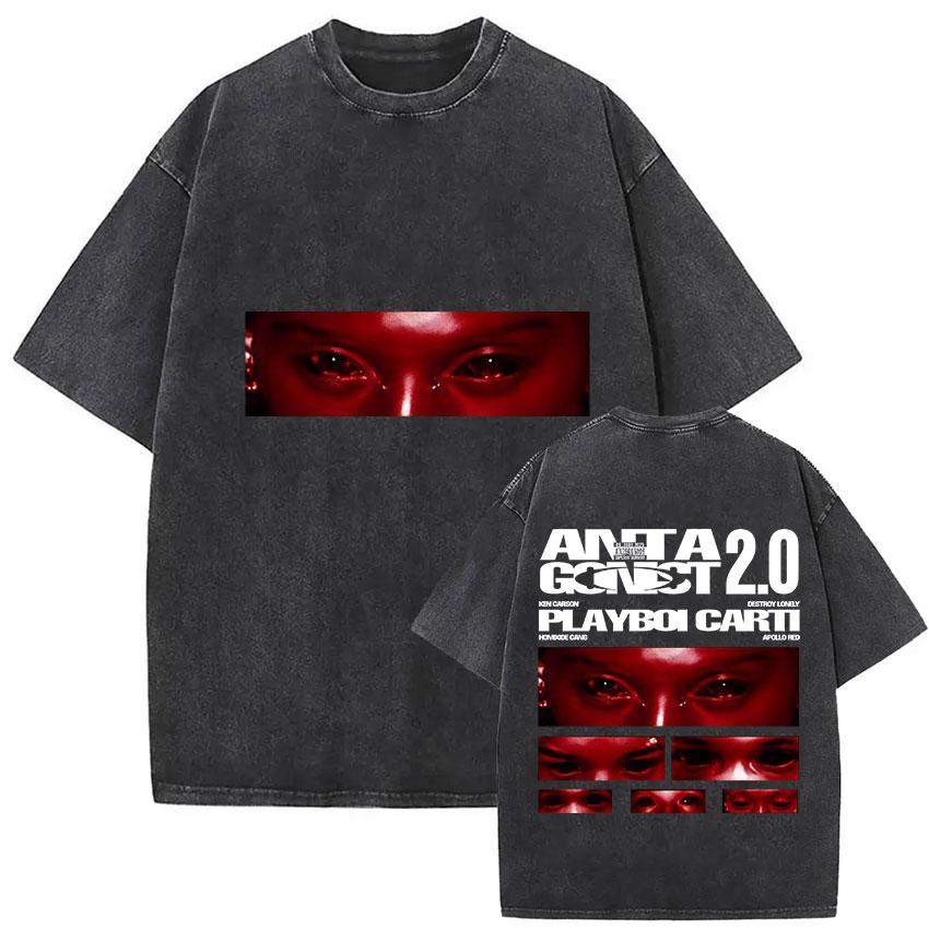 PLAYBOI CARTI ANTAGONIST 2.0 Tour 2025 Vintage Washed T-Shirt Men's Hip Hop Music Fashion Short Sleeve T Shirt Unisex Streetwear