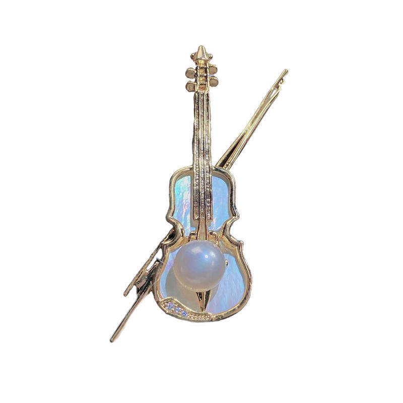 Gold-Plated Mother-of-Pearl Violin Brooch with Zircon and Pearl Accents