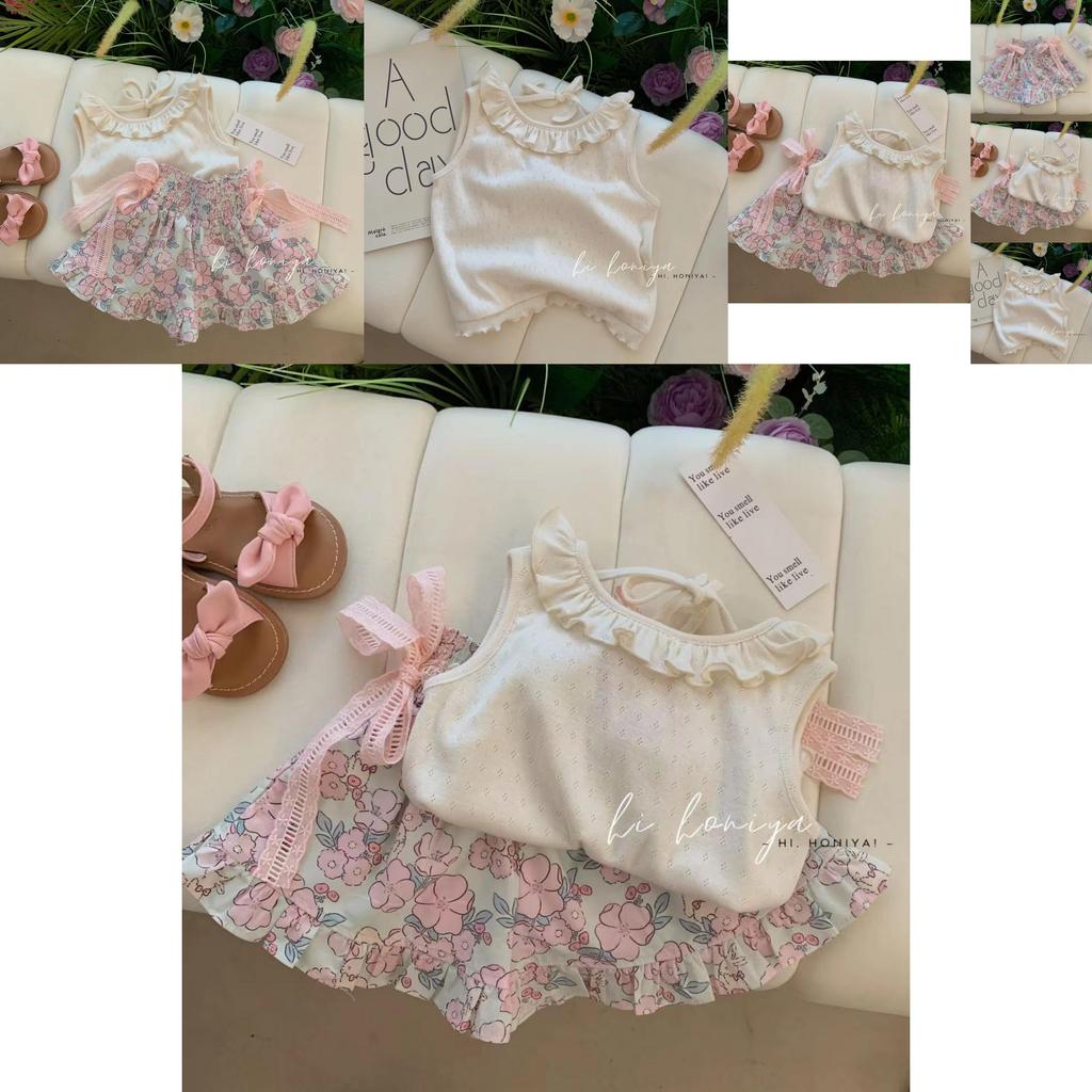 Niedliches Prinzessinnen-Stil zweiteiliges Set für kleine Mädchen mit weichem floralem Stoff für den Sommer